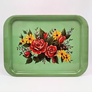 #3 Vintage Tole Painted Metal Tray Retro Floral Roses Cottage Farmhouse Country
